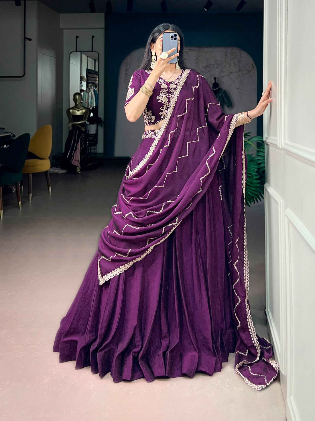 Purple Pure Rangoli Crush Silk Heavy Embroidery South Indian Lehenga Choli