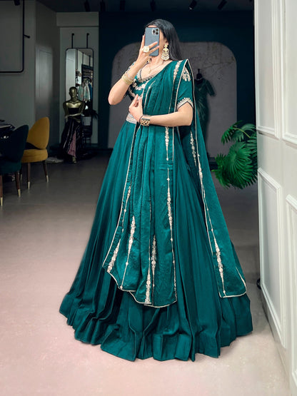 Pistal Green Pure Rangoli Crush Silk Heavy Embroidery South Indian Lehenga Choli