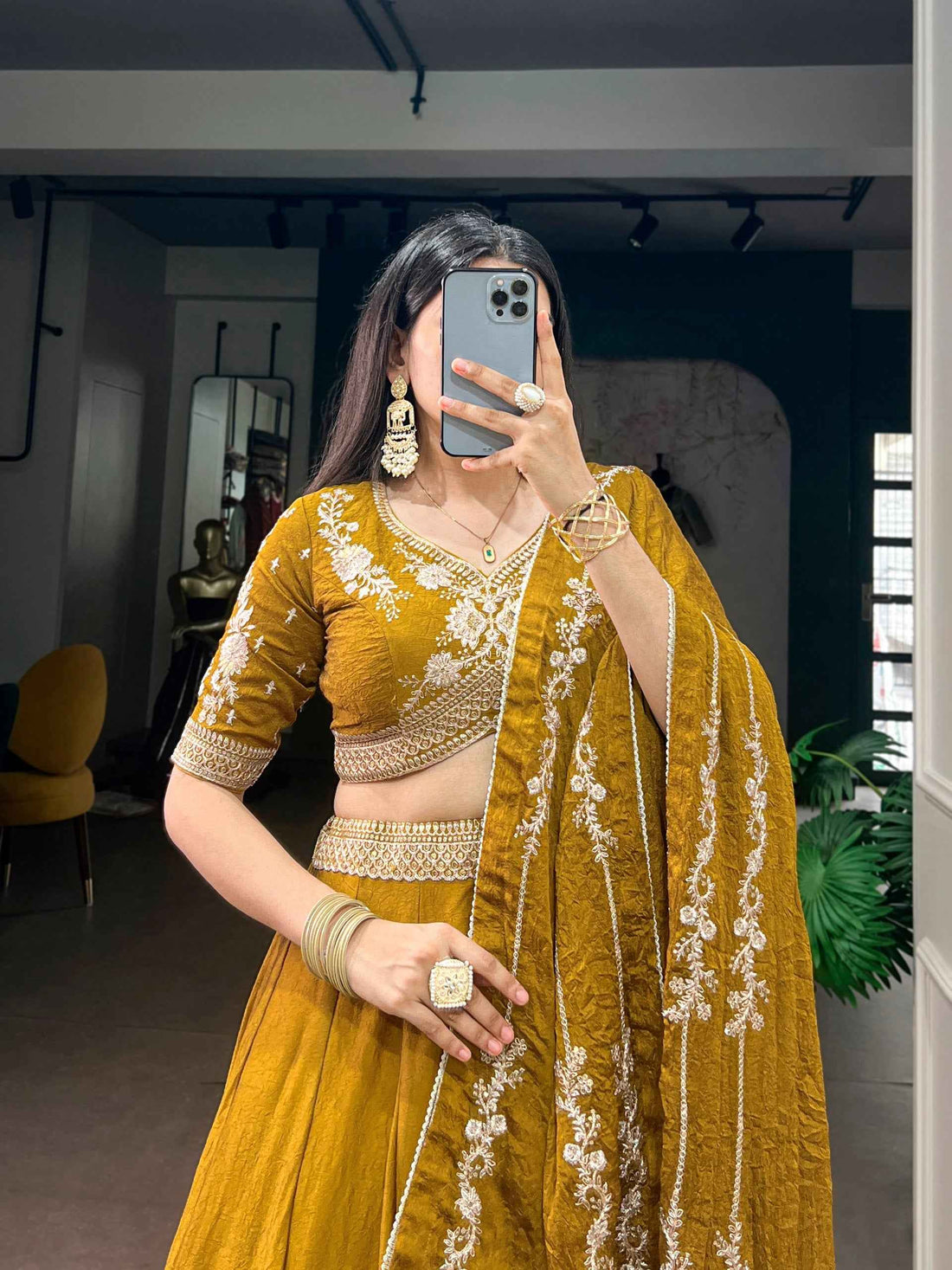 Mustard Pure Rangoli Crush Silk Heavy Embroidery South Indian Lehenga Choli