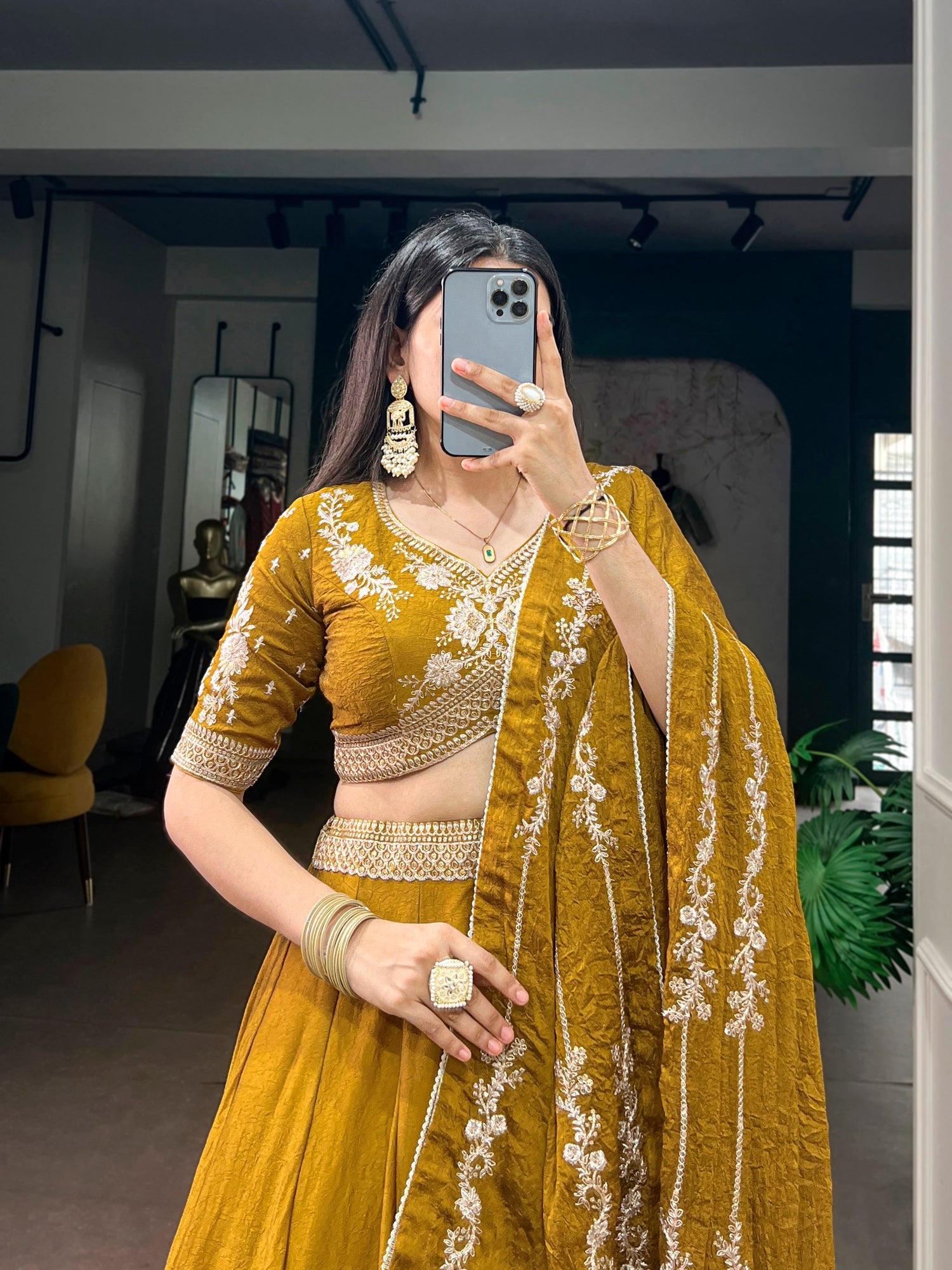Mustard Pure Rangoli Crush Silk Heavy Embroidery South Indian Lehenga Choli