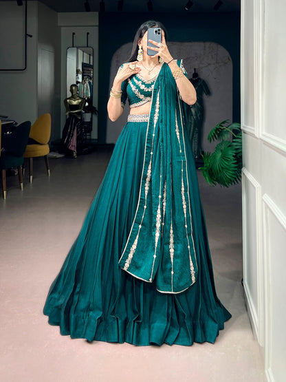 Pistal Green Pure Rangoli Crush Silk Heavy Embroidery South Indian Lehenga Choli