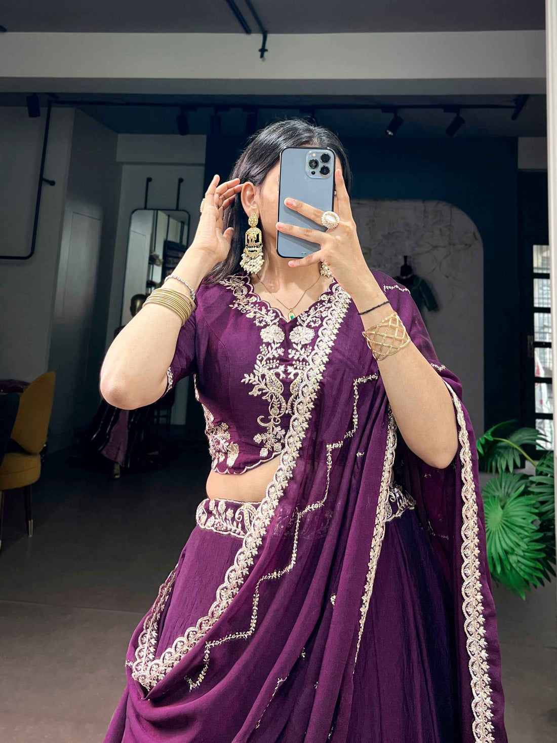 Purple Pure Rangoli Crush Silk Heavy Embroidery South Indian Lehenga Choli