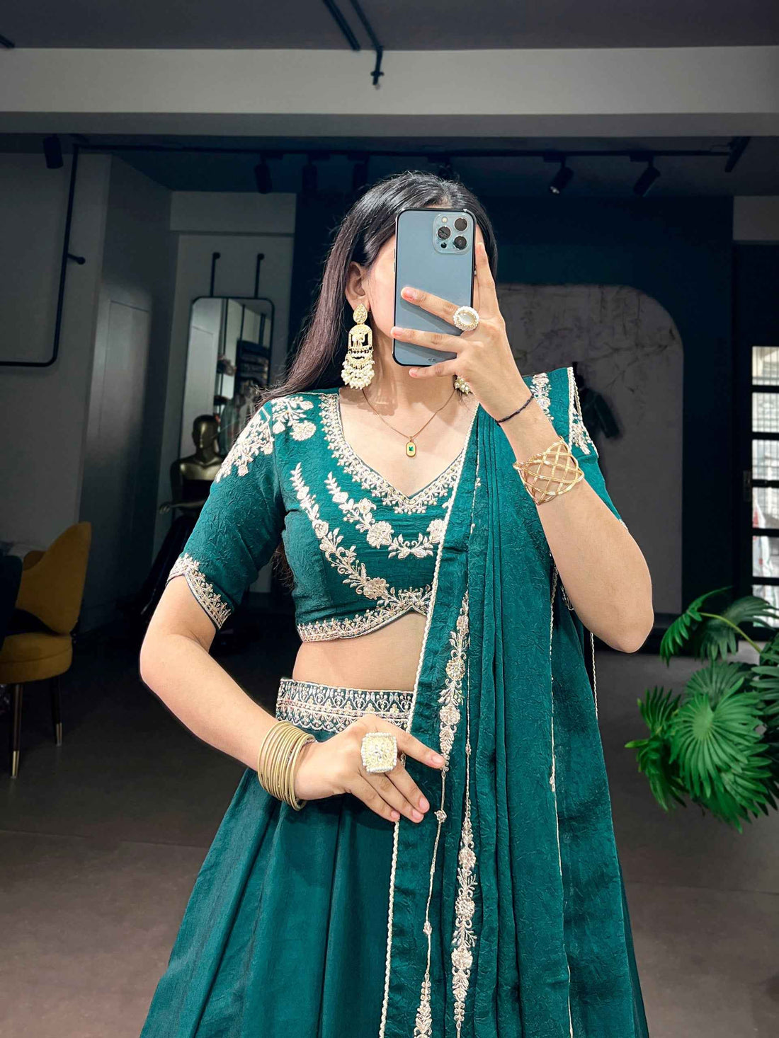Pistal Green Pure Rangoli Crush Silk Heavy Embroidery South Indian Lehenga Choli