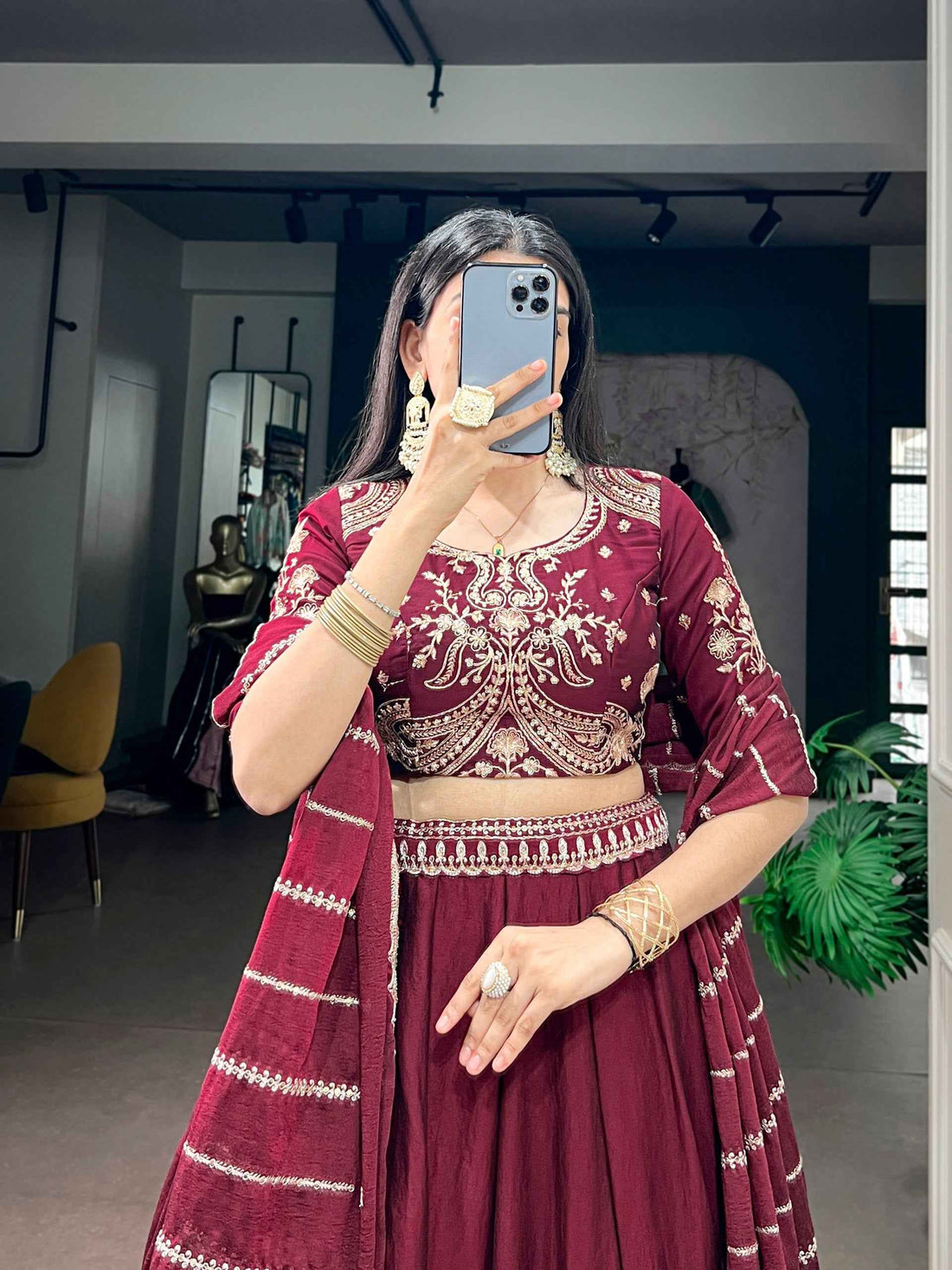 Maroon Pure Rangoli Crush Silk Heavy Embroidery South Indian Lehenga Choli