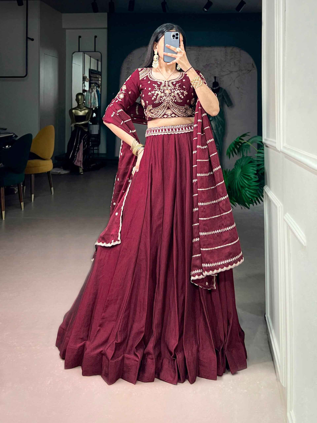 Maroon Pure Rangoli Crush Silk Heavy Embroidery South Indian Lehenga Choli