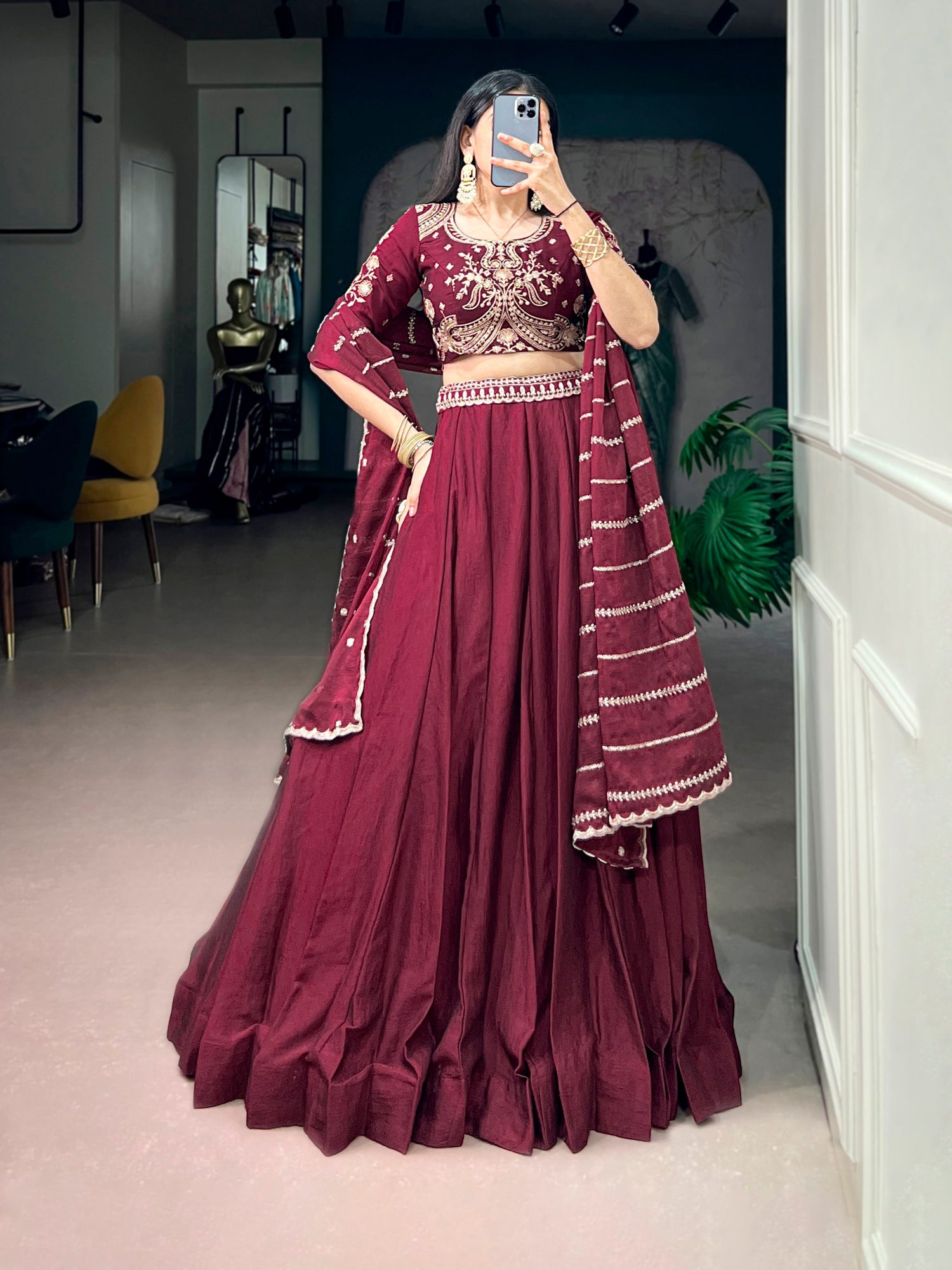 Maroon Pure Rangoli Crush Silk Heavy Embroidery South Indian Lehenga Choli