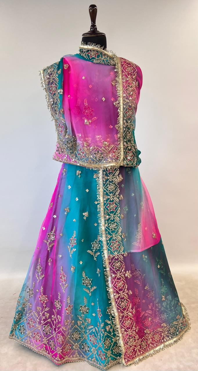 Magenta Pink Pure Georgette Lahariya Print 16 Kali Flair With Gotta Patti Rajasthani Rajputi Lehenga Choli