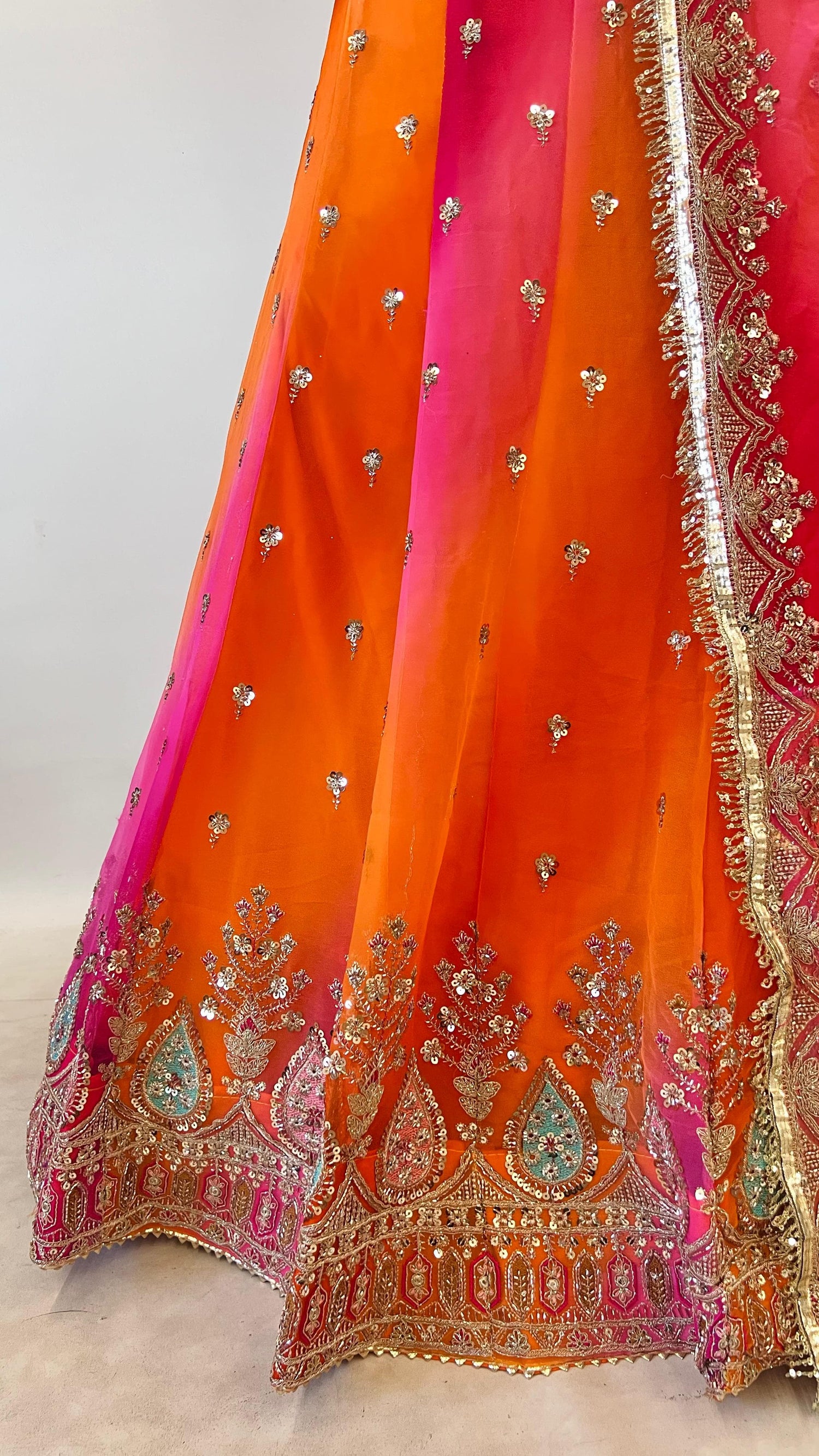 Orange Pure Georgette Lahariya Print 16 Kali Flair With Gotta Patti Rajasthani Rajputi Lehenga Choli
