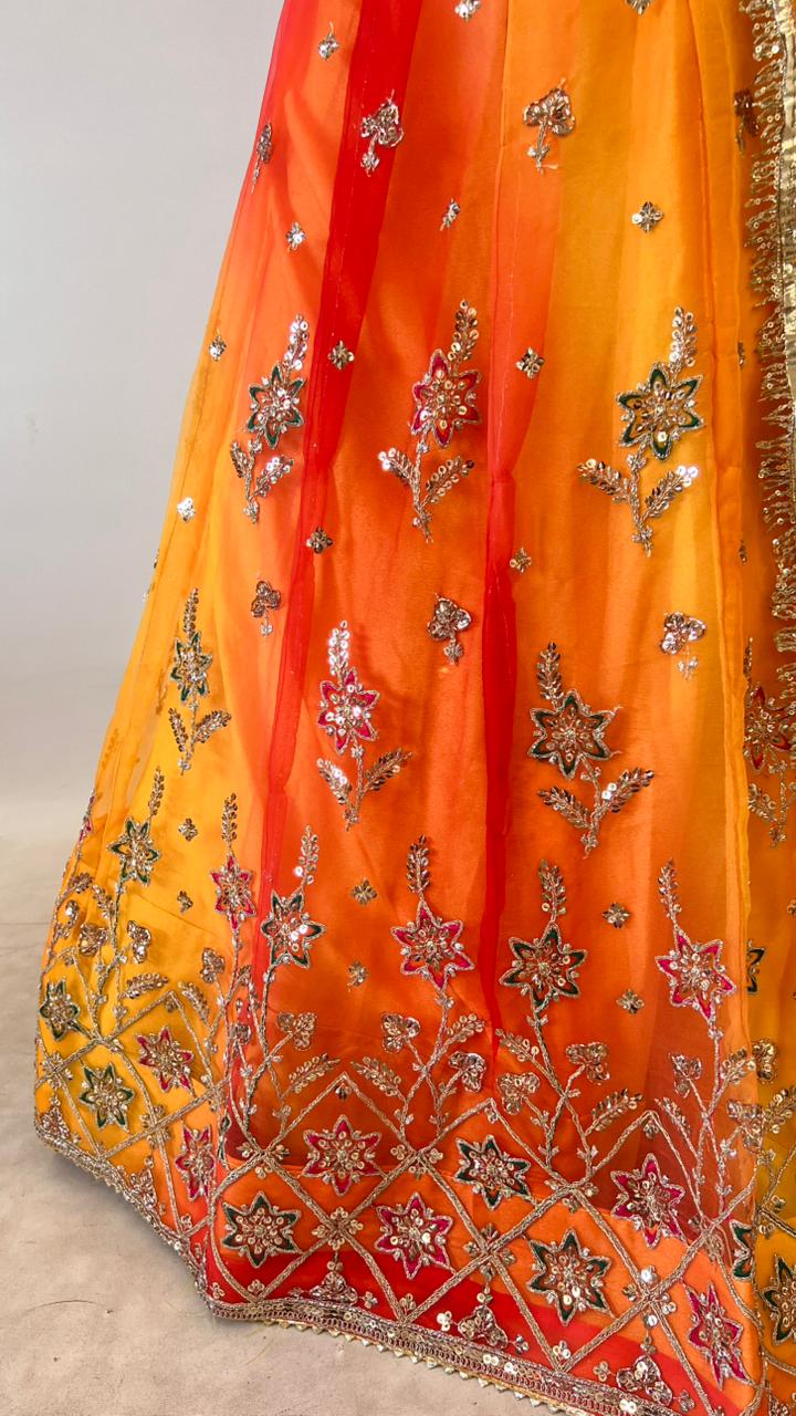 Yellow &amp; Orange Pure Georgette Lahariya Print 16 Kali Flair With Gotta Patti Rajasthani Rajputi Lehenga Choli