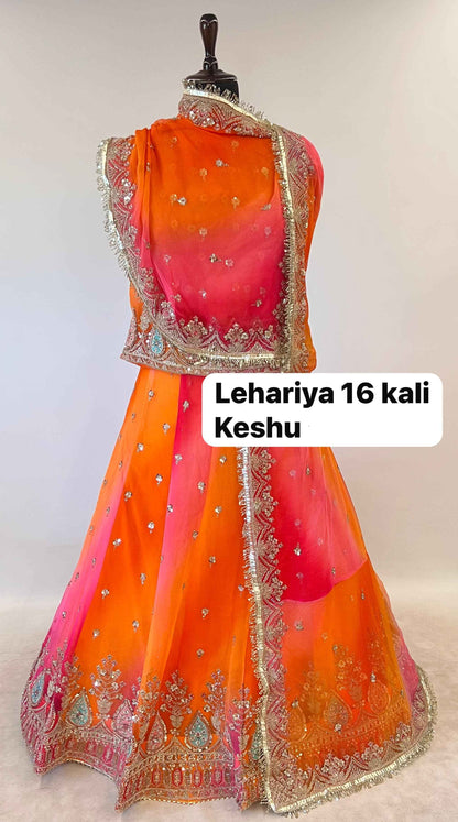 Orange Pure Georgette Lahariya Print 16 Kali Flair With Gotta Patti Rajasthani Rajputi Lehenga Choli