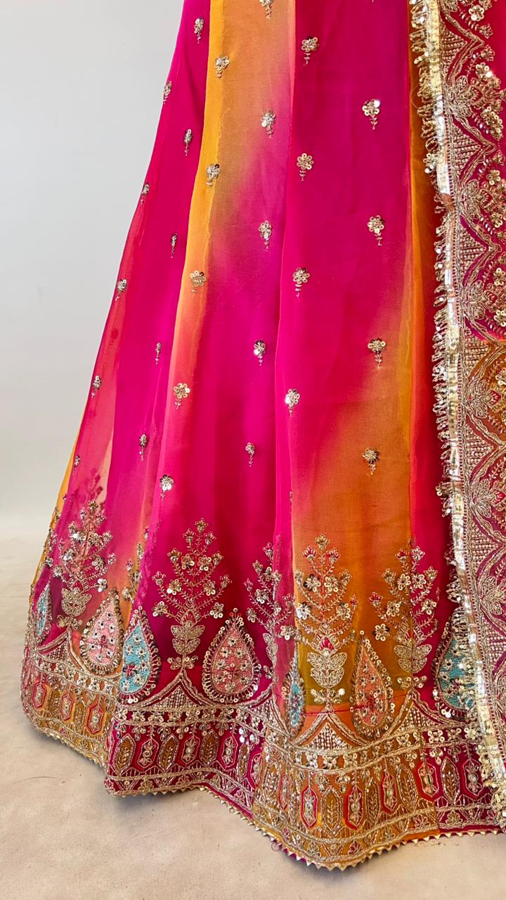 Pink &amp; Orange Pure Georgette Lahariya Print 16 Kali Flair With Gotta Patti Rajasthani Rajputi Lehenga Choli