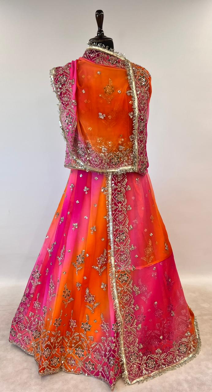 Orange &amp; Pink Pure Georgette Lahariya Print 16 Kali Flair With Gotta Patti Rajasthani Rajputi Lehenga Choli