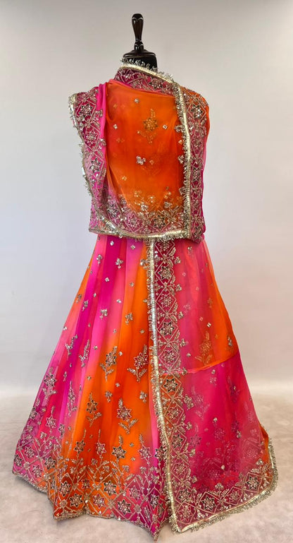 Orange &amp; Pink Pure Georgette Lahariya Print 16 Kali Flair With Gotta Patti Rajasthani Rajputi Lehenga Choli