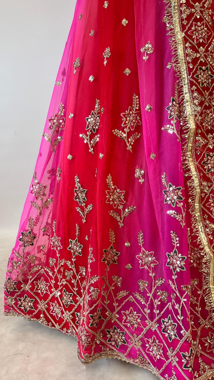 Rani Pink Pure Georgette Lahariya Print 16 Kali Flair With Gotta Patti Rajasthani Rajputi Lehenga Choli