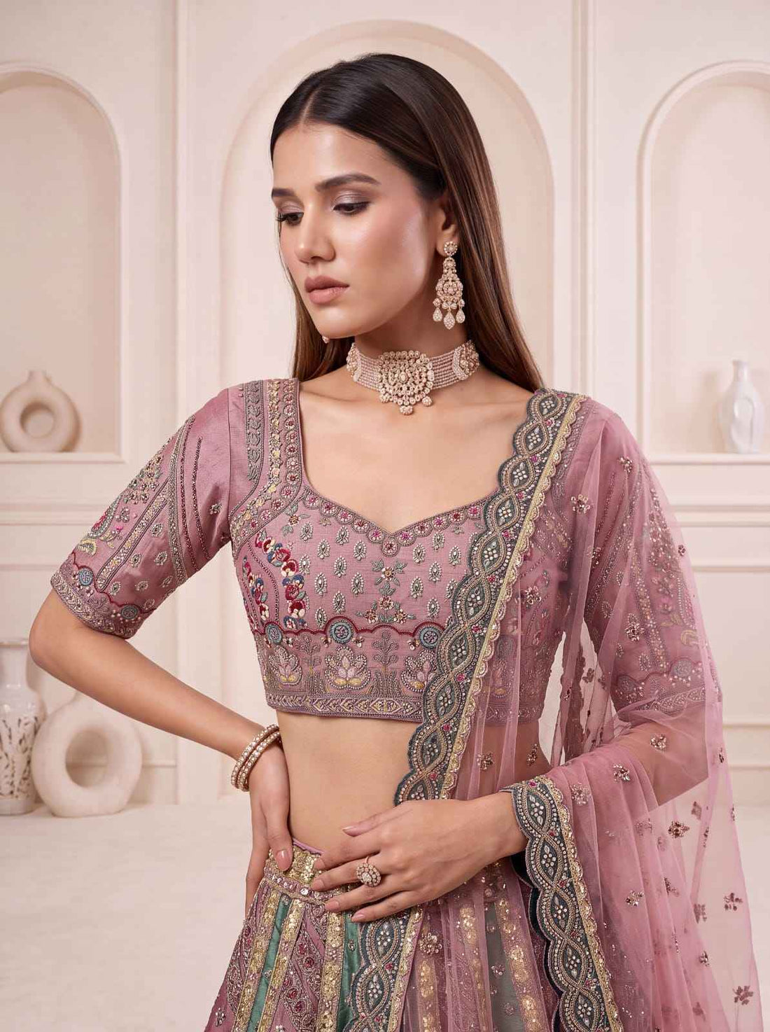 Firozi Pure Soft Banarasi Gadhwal Silk Multi Thread Embroidery Sequins Work Bridal Lehenga Choli