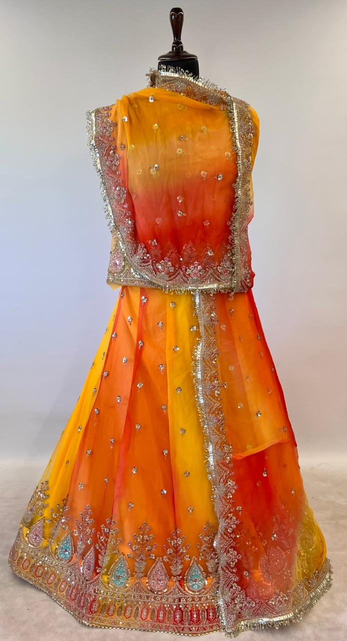Yellow Pure Georgette Lahariya Print 16 Kali Flair With Gotta Patti Rajasthani Rajputi Lehenga Choli