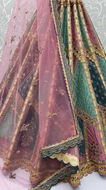 Firozi Pure Soft Banarasi Gadhwal Silk Multi Thread Embroidery Sequins Work Bridal Lehenga Choli