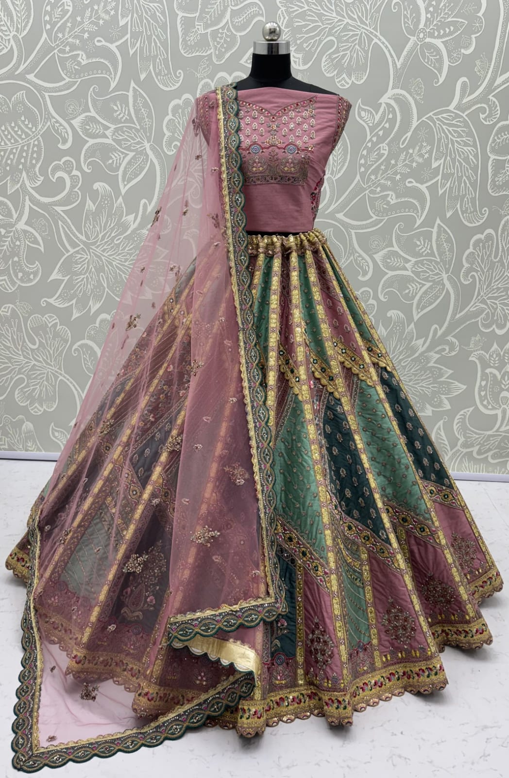 Firozi Pure Soft Banarasi Gadhwal Silk Multi Thread Embroidery Sequins Work Bridal Lehenga Choli