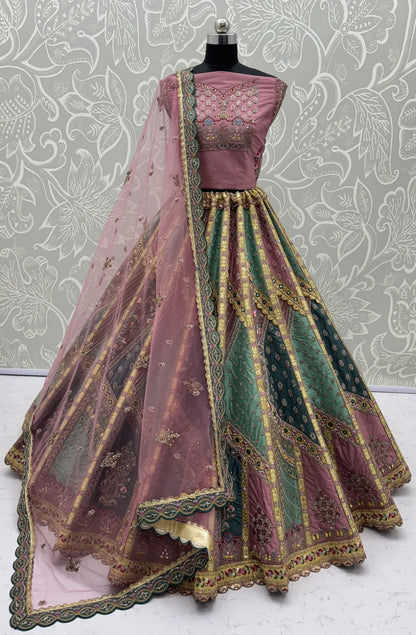 Firozi Pure Soft Banarasi Gadhwal Silk Multi Thread Embroidery Sequins Work Bridal Lehenga Choli