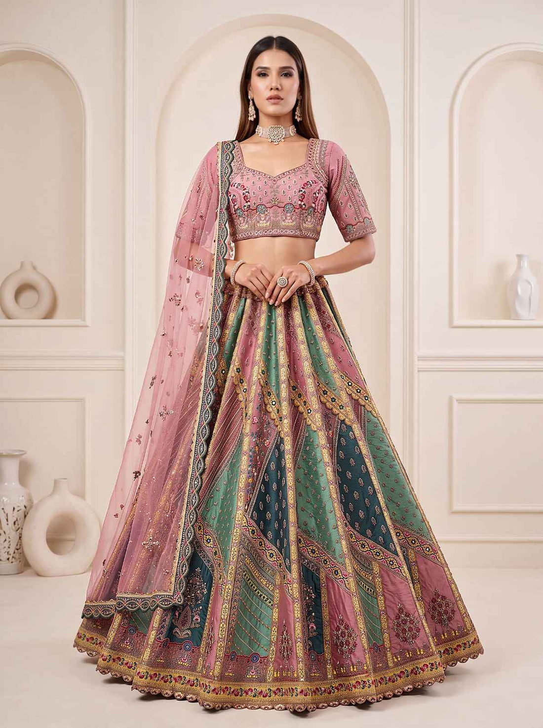 Firozi Pure Soft Banarasi Gadhwal Silk Multi Thread Embroidery Sequins Work Bridal Lehenga Choli