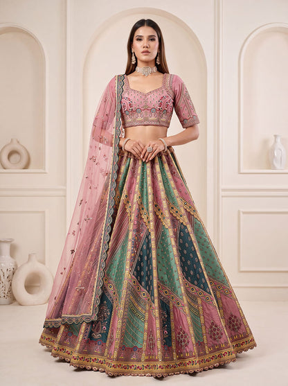 Firozi Pure Soft Banarasi Gadhwal Silk Multi Thread Embroidery Sequins Work Bridal Lehenga Choli