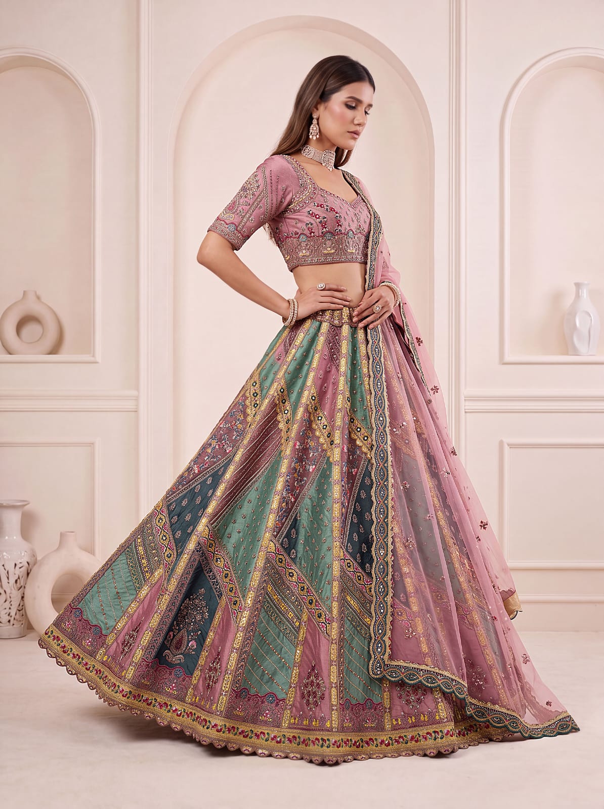 Firozi Pure Soft Banarasi Gadhwal Silk Multi Thread Embroidery Sequins Work Bridal Lehenga Choli