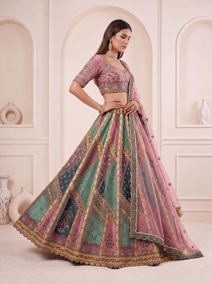 Firozi Pure Soft Banarasi Gadhwal Silk Multi Thread Embroidery Sequins Work Bridal Lehenga Choli