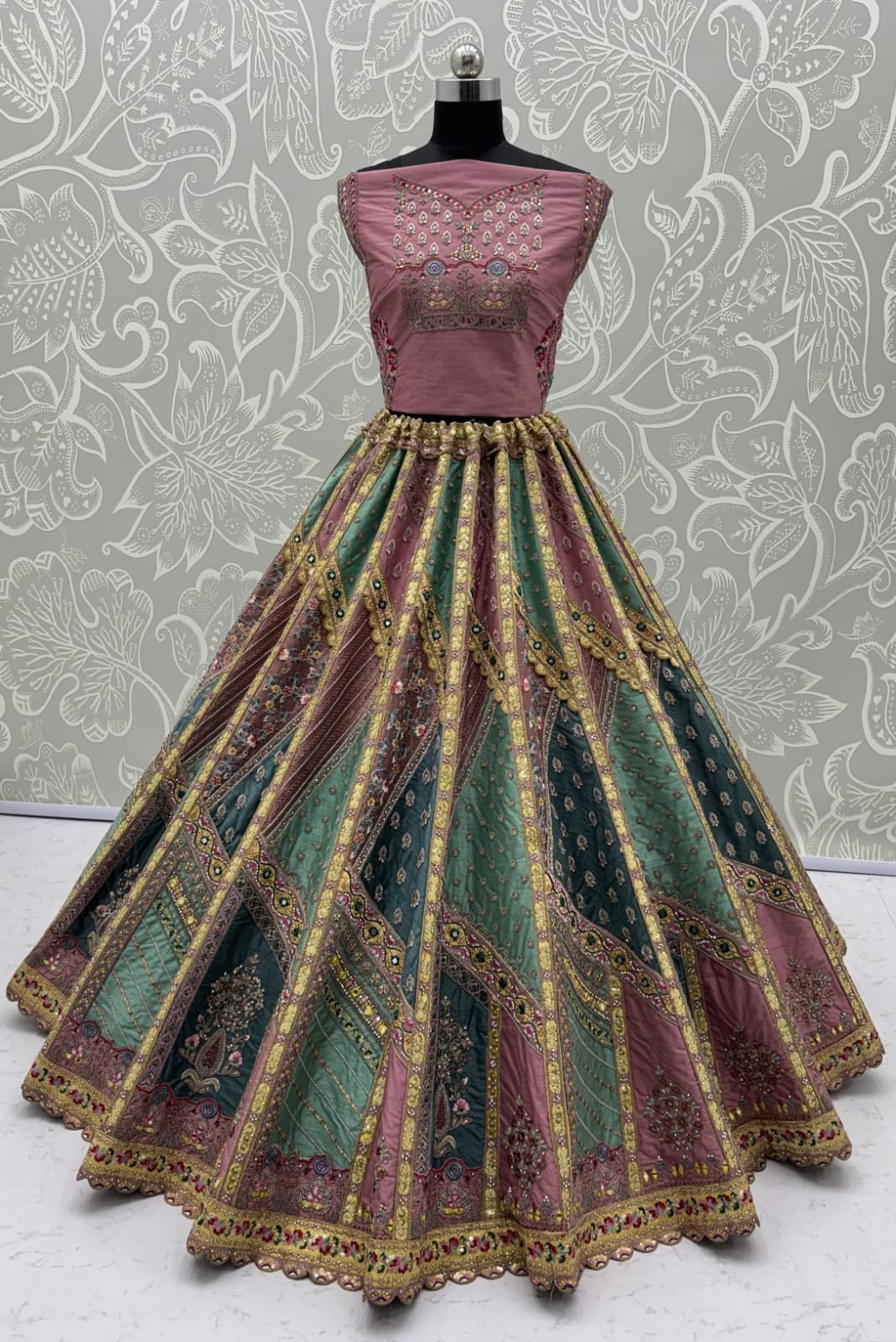 Firozi Pure Soft Banarasi Gadhwal Silk Multi Thread Embroidery Sequins Work Bridal Lehenga Choli