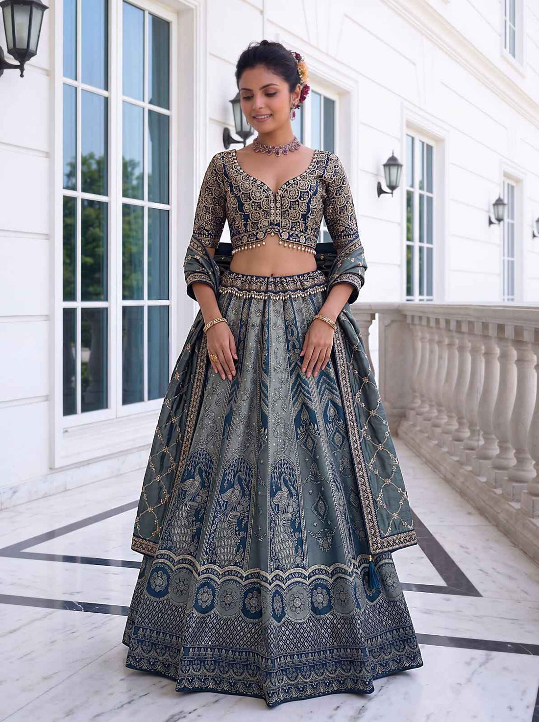 Grey Pure Soft Banarasi Silk Multi Thread Embroidery Sequins Work Bridal Lehenga Choli