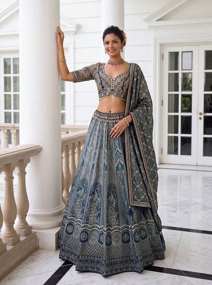 Grey Pure Soft Banarasi Silk Multi Thread Embroidery Sequins Work Bridal Lehenga Choli