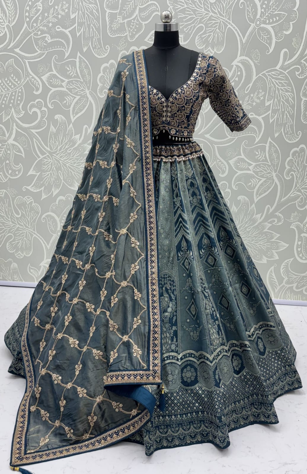 Grey Pure Soft Banarasi Silk Multi Thread Embroidery Sequins Work Bridal Lehenga Choli