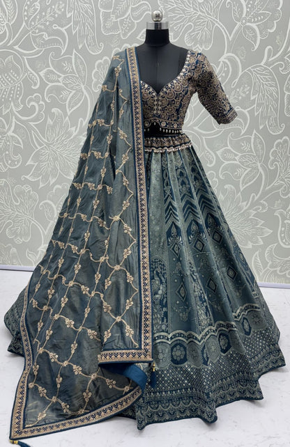 Grey Pure Soft Banarasi Silk Multi Thread Embroidery Sequins Work Bridal Lehenga Choli