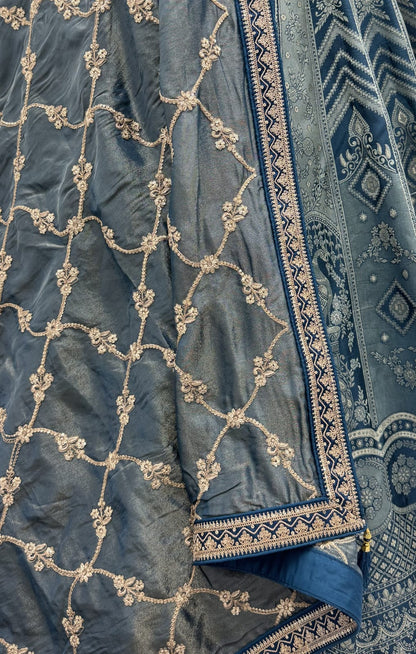 Grey Pure Soft Banarasi Silk Multi Thread Embroidery Sequins Work Bridal Lehenga Choli