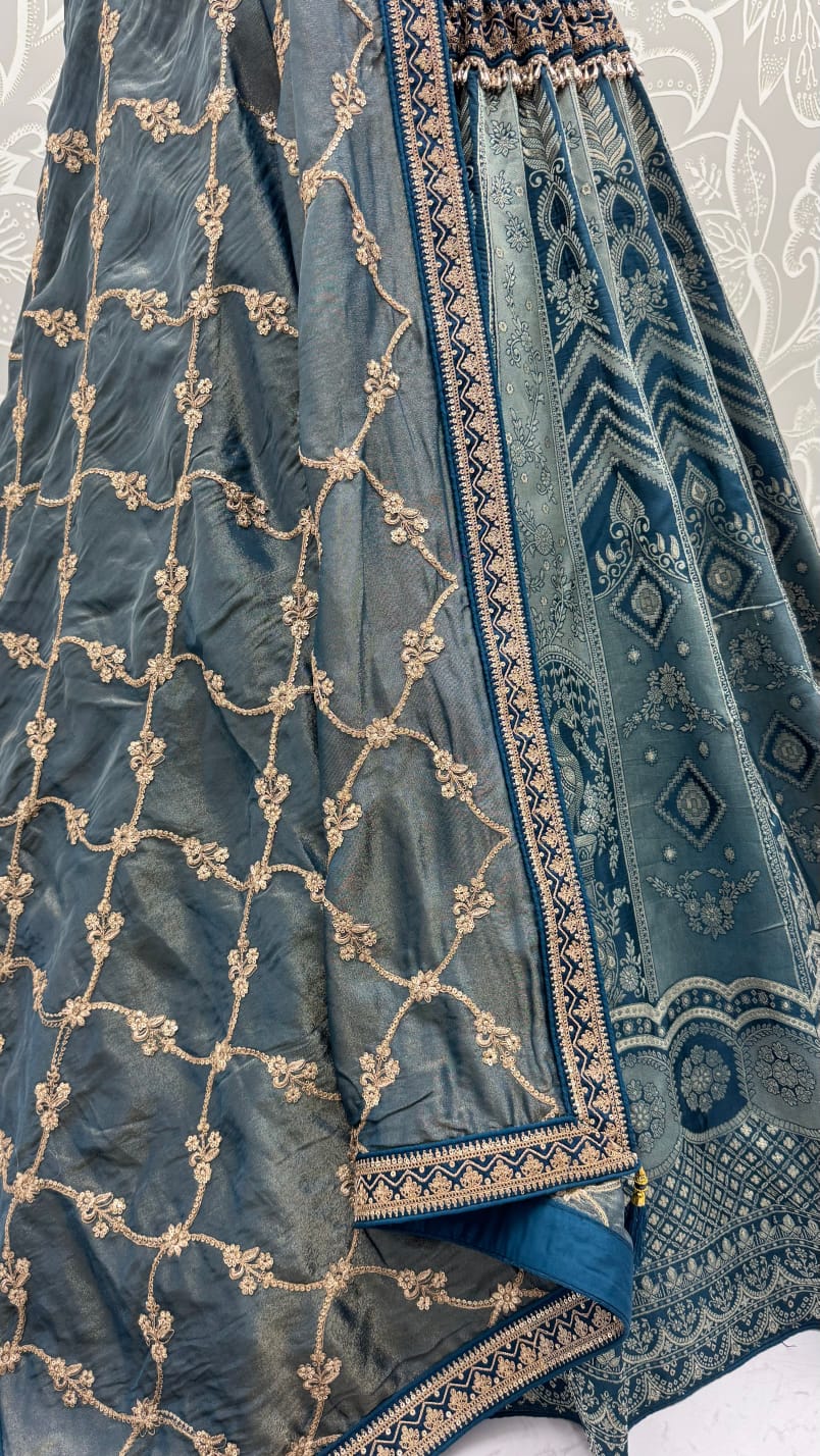 Grey Pure Soft Banarasi Silk Multi Thread Embroidery Sequins Work Bridal Lehenga Choli