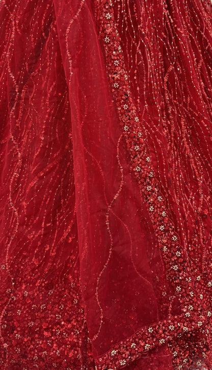 Red Pure Heavy Net Flower Embroidery Pattern Handwork  Sequins Thread Work Bridal Lehenga Choli