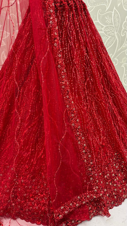 Red Pure Heavy Net Flower Embroidery Pattern Handwork  Sequins Thread Work Bridal Lehenga Choli