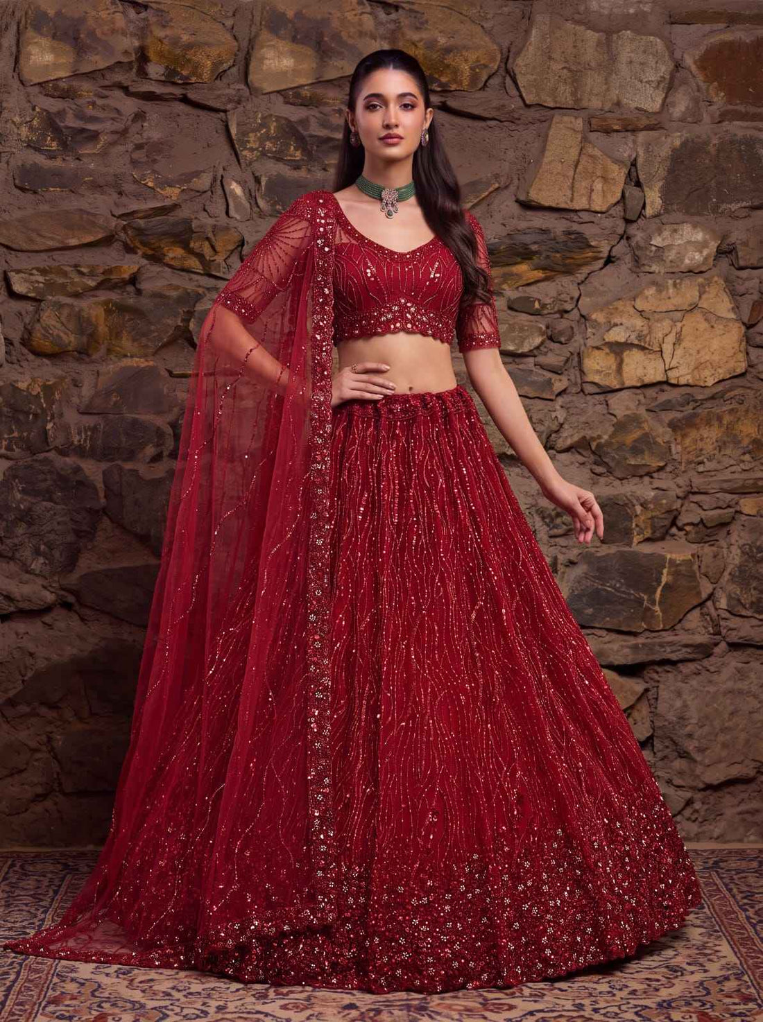 Red Pure Heavy Net Flower Embroidery Pattern Handwork  Sequins Thread Work Bridal Lehenga Choli
