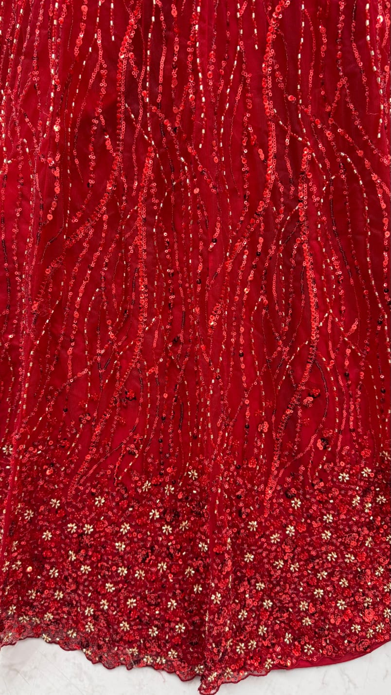 Red Pure Heavy Net Flower Embroidery Pattern Handwork  Sequins Thread Work Bridal Lehenga Choli