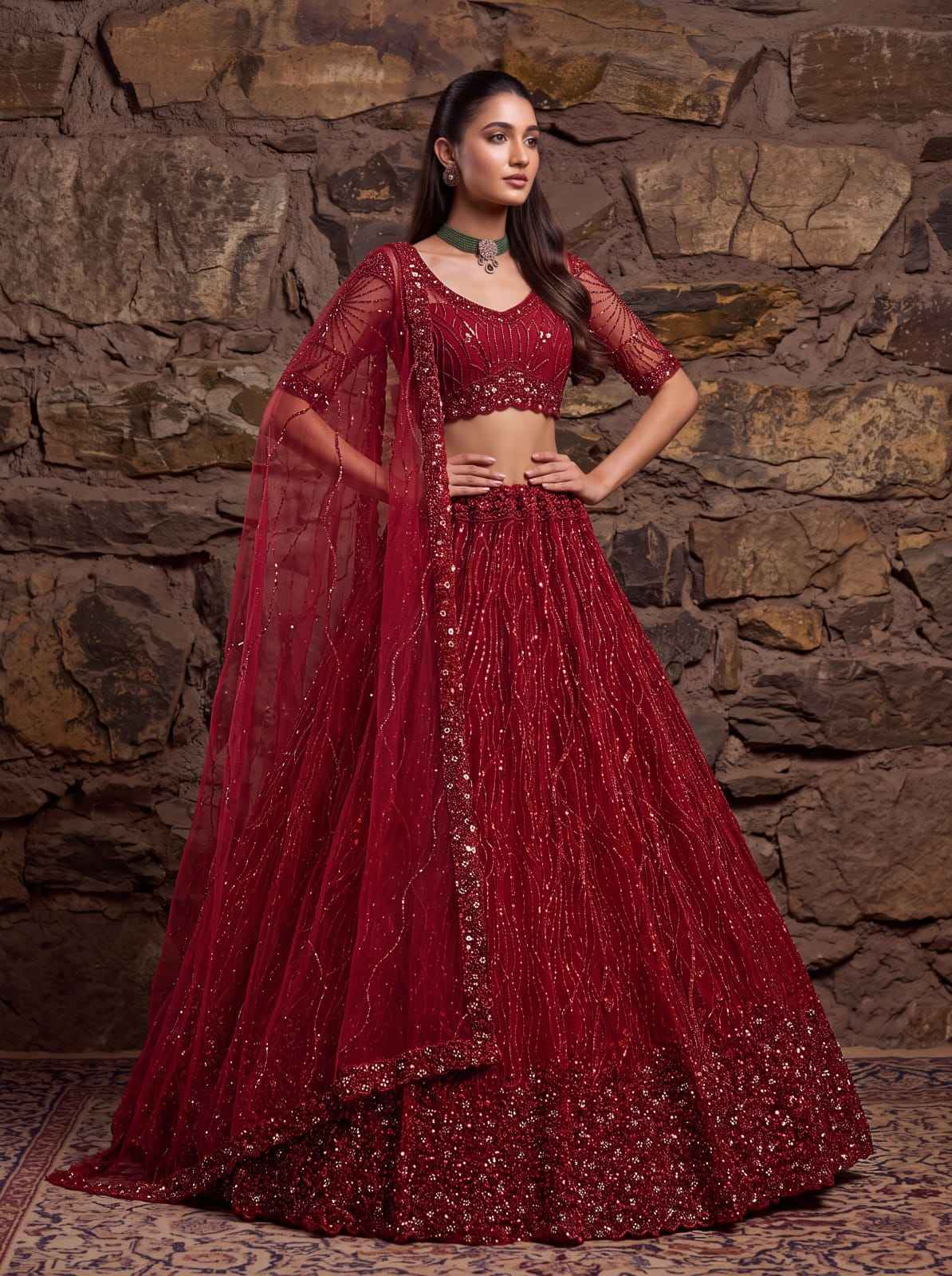Red Pure Heavy Net Flower Embroidery Pattern Handwork  Sequins Thread Work Bridal Lehenga Choli