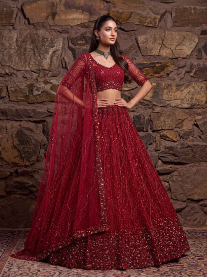 Red Pure Heavy Net Flower Embroidery Pattern Handwork  Sequins Thread Work Bridal Lehenga Choli