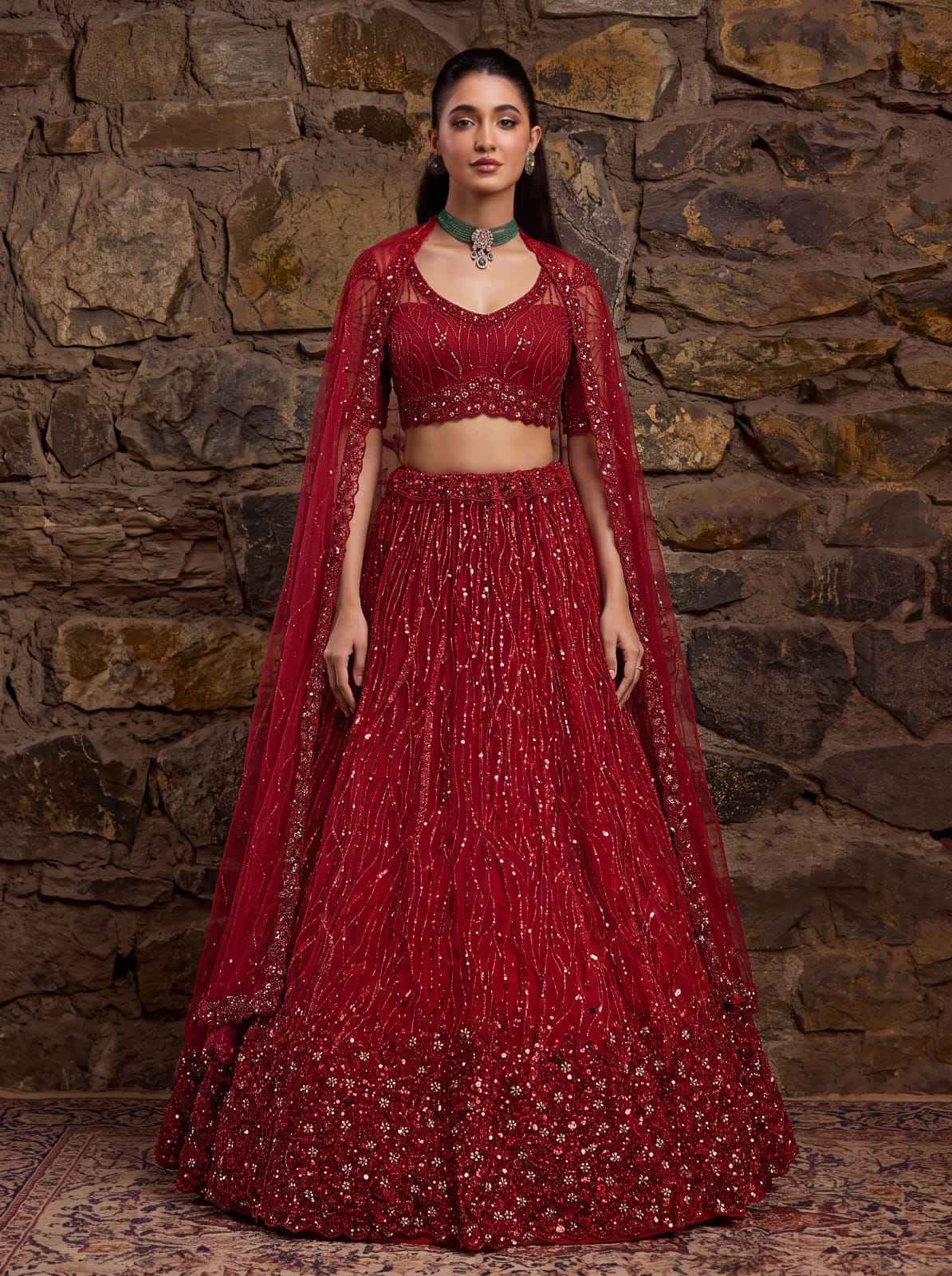 Red Pure Heavy Net Flower Embroidery Pattern Handwork  Sequins Thread Work Bridal Lehenga Choli