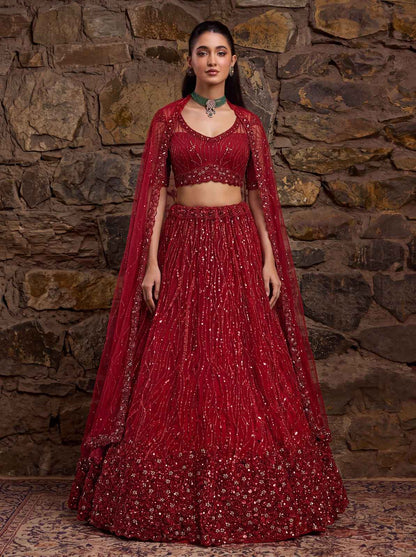 Red Pure Heavy Net Flower Embroidery Pattern Handwork  Sequins Thread Work Bridal Lehenga Choli