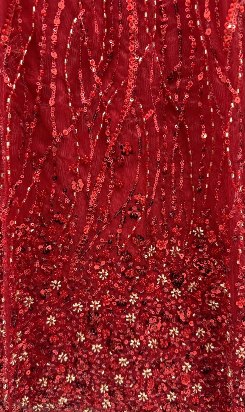 Red Pure Heavy Net Flower Embroidery Pattern Handwork  Sequins Thread Work Bridal Lehenga Choli