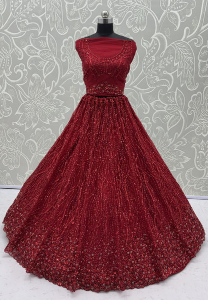 Red Pure Heavy Net Flower Embroidery Pattern Handwork  Sequins Thread Work Bridal Lehenga Choli