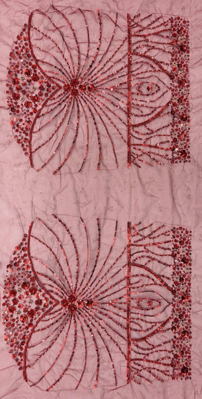 Red Pure Heavy Net Flower Embroidery Pattern Handwork  Sequins Thread Work Bridal Lehenga Choli