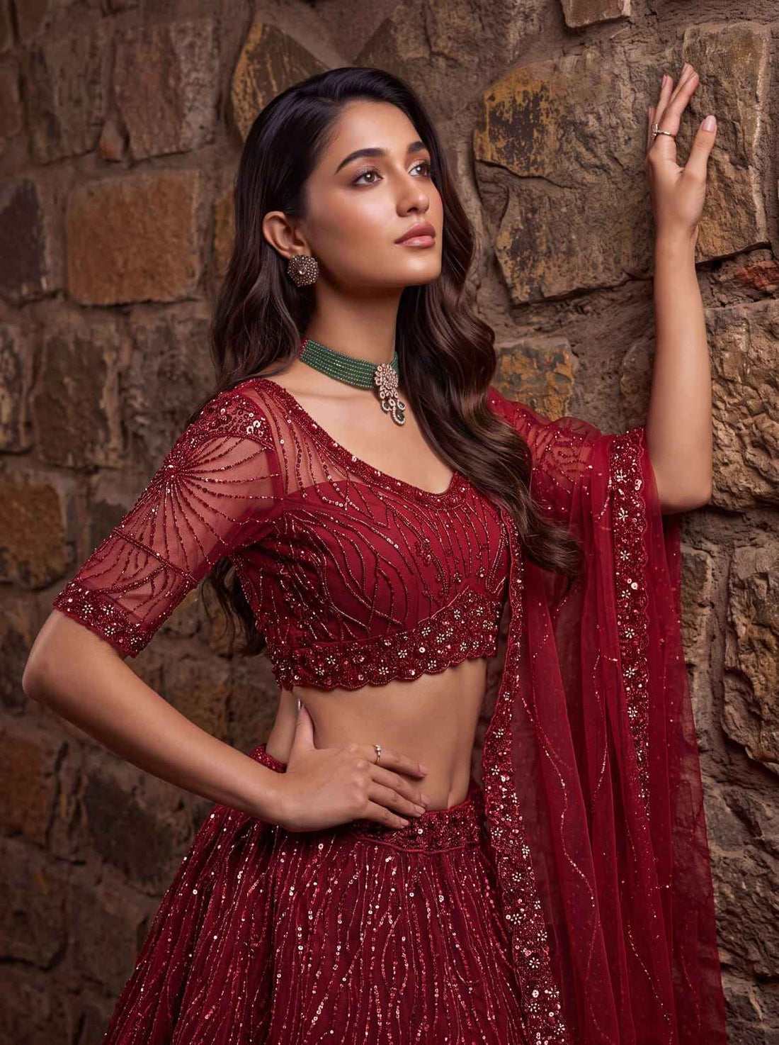 Red Pure Heavy Net Flower Embroidery Pattern Handwork  Sequins Thread Work Bridal Lehenga Choli