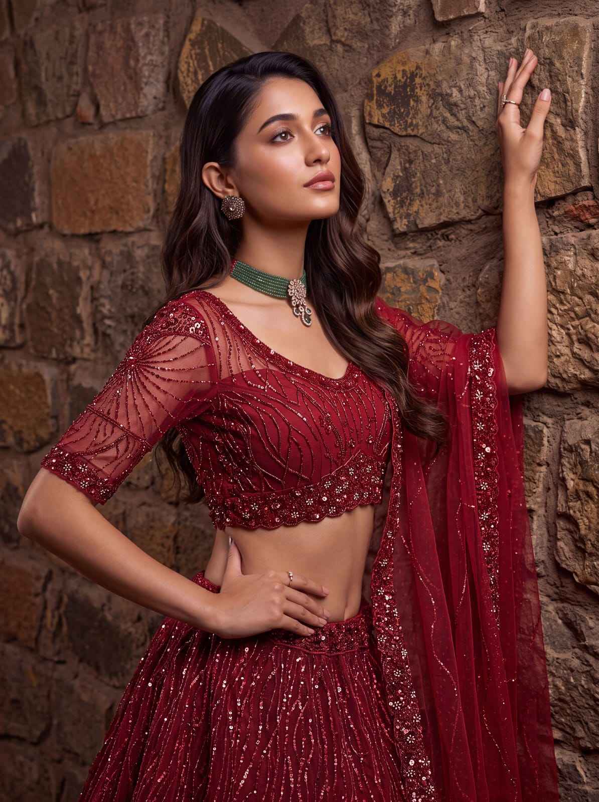 Red Pure Heavy Net Flower Embroidery Pattern Handwork  Sequins Thread Work Bridal Lehenga Choli