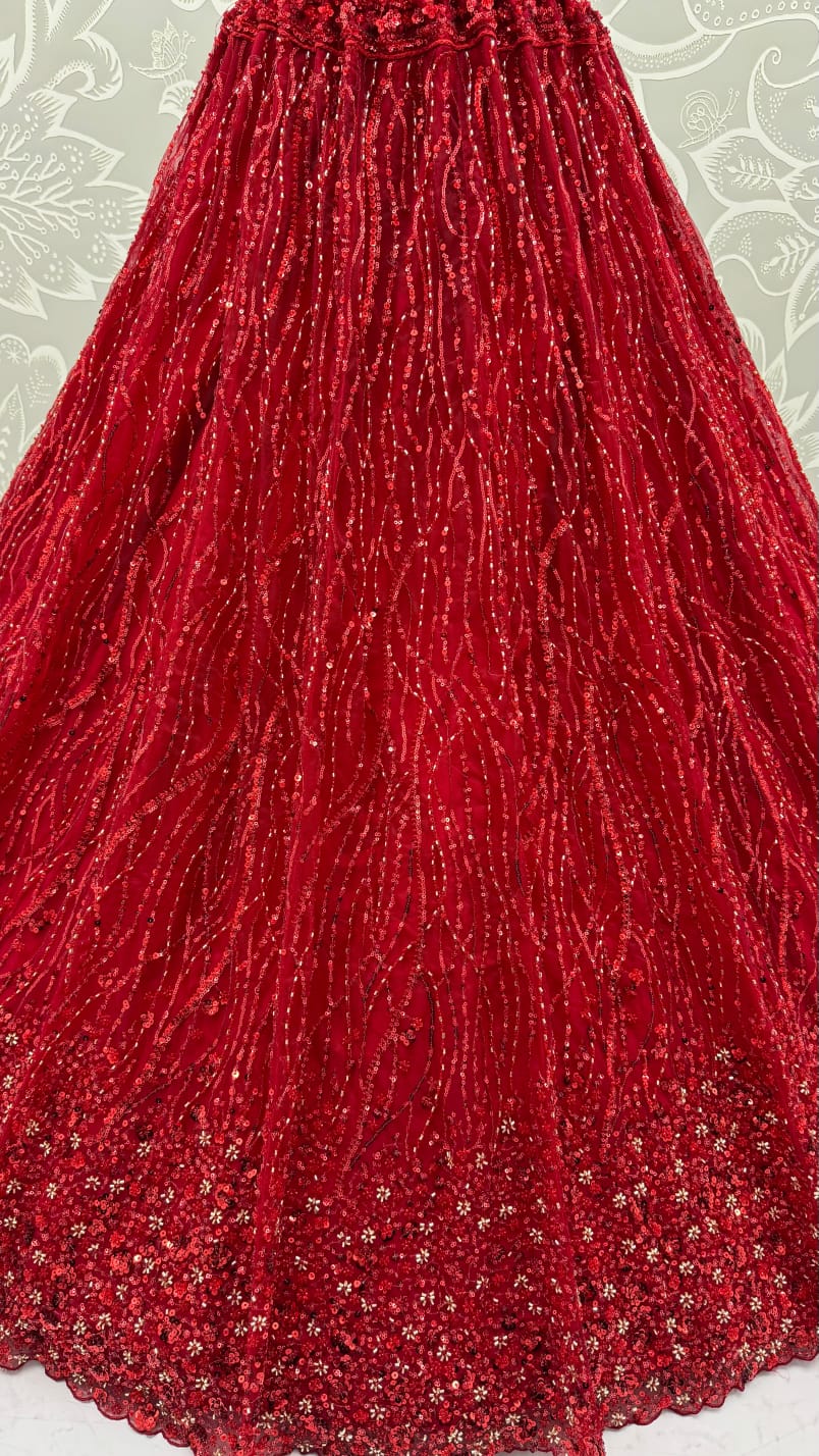 Red Pure Heavy Net Flower Embroidery Pattern Handwork  Sequins Thread Work Bridal Lehenga Choli