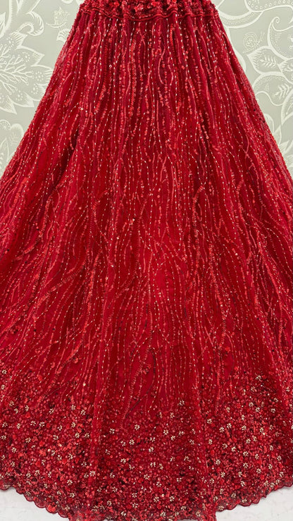 Red Pure Heavy Net Flower Embroidery Pattern Handwork  Sequins Thread Work Bridal Lehenga Choli