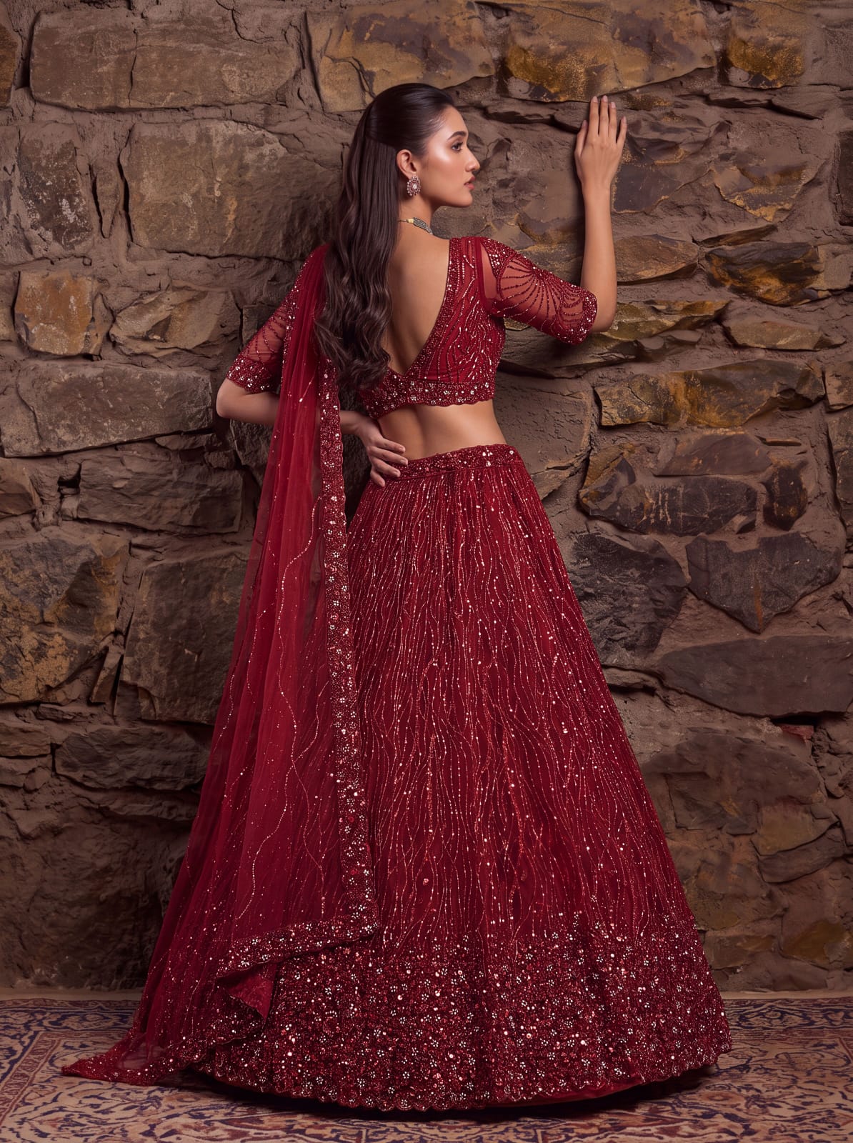 Red Pure Heavy Net Flower Embroidery Pattern Handwork  Sequins Thread Work Bridal Lehenga Choli
